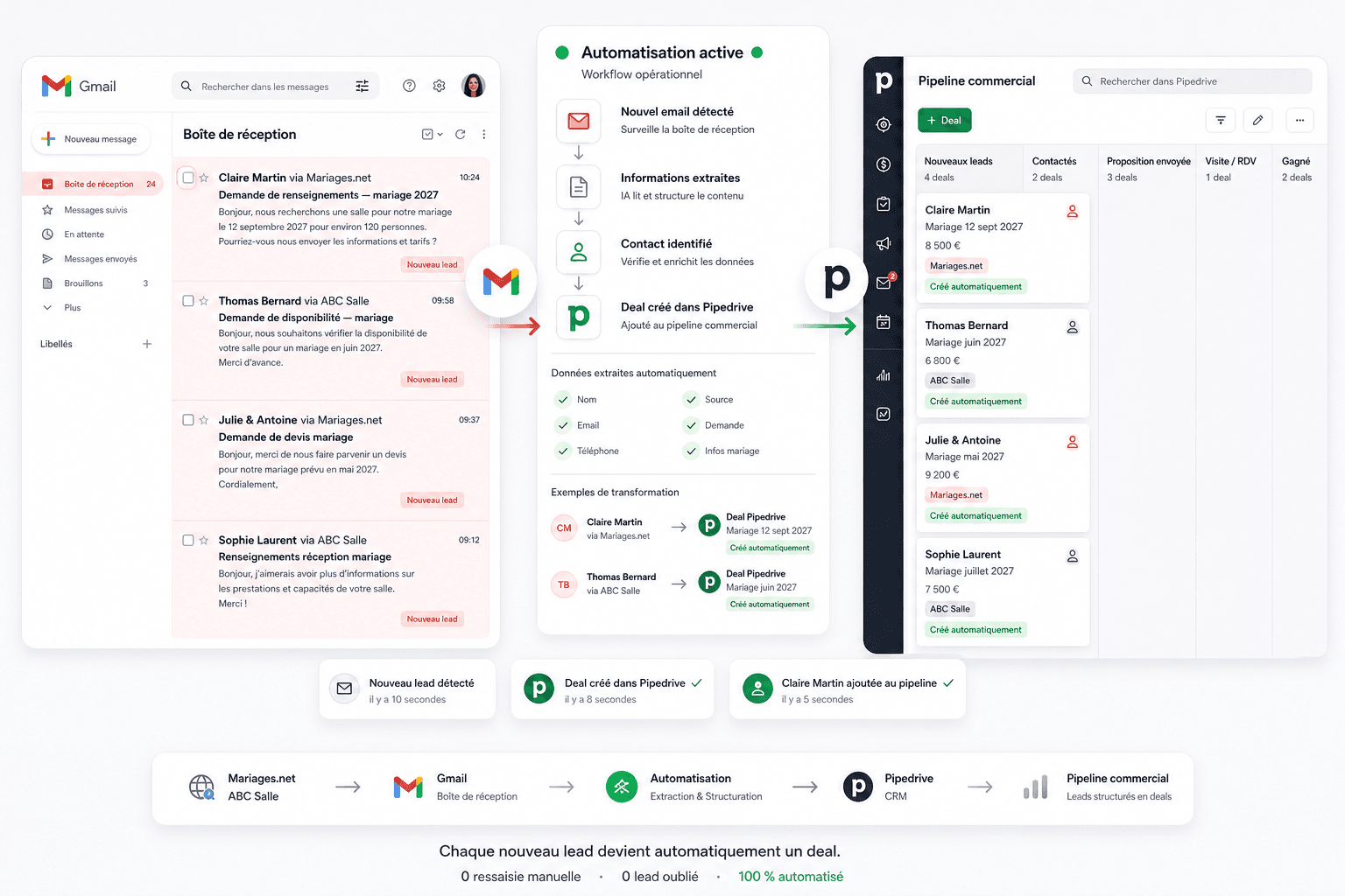 Automatisation CRM : leads Gmail créés automatiquement comme deals dans Pipedrive, sans ressaisie manuelle
