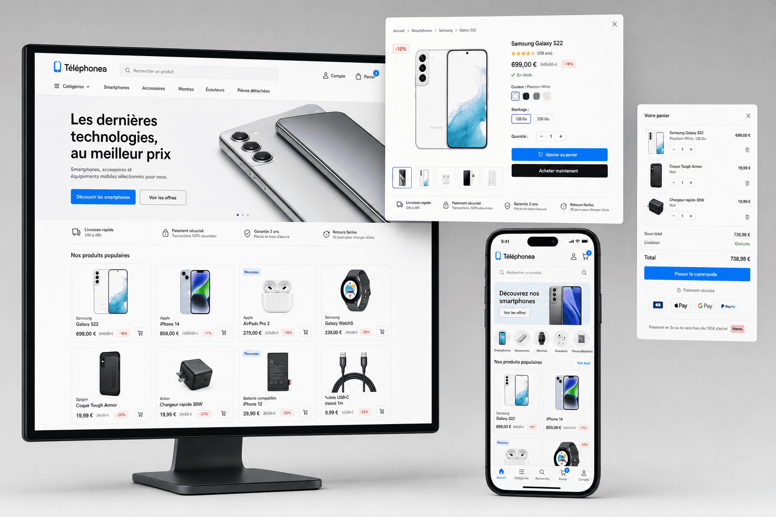 Illustration d’une boutique en ligne téléphonie avec paiement, ordinateur et mobile (projet réel, identité anonymisée)