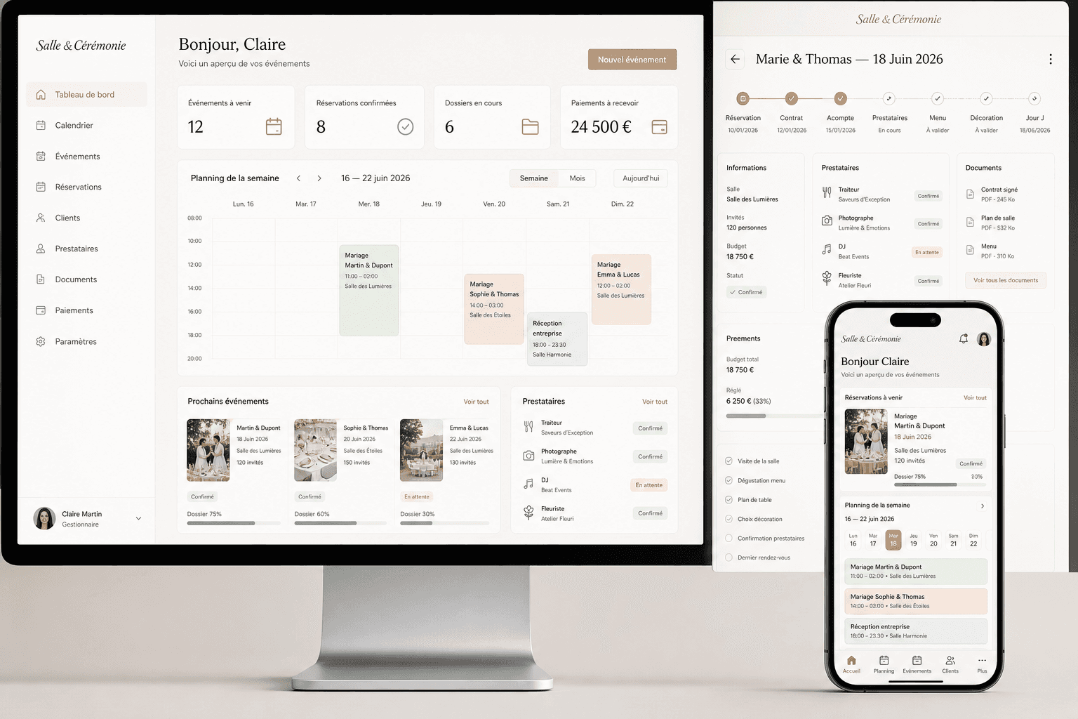 Illustration d’un logiciel de gestion de salles et mariages, ordinateur et mobile (projet réel, identité anonymisée)