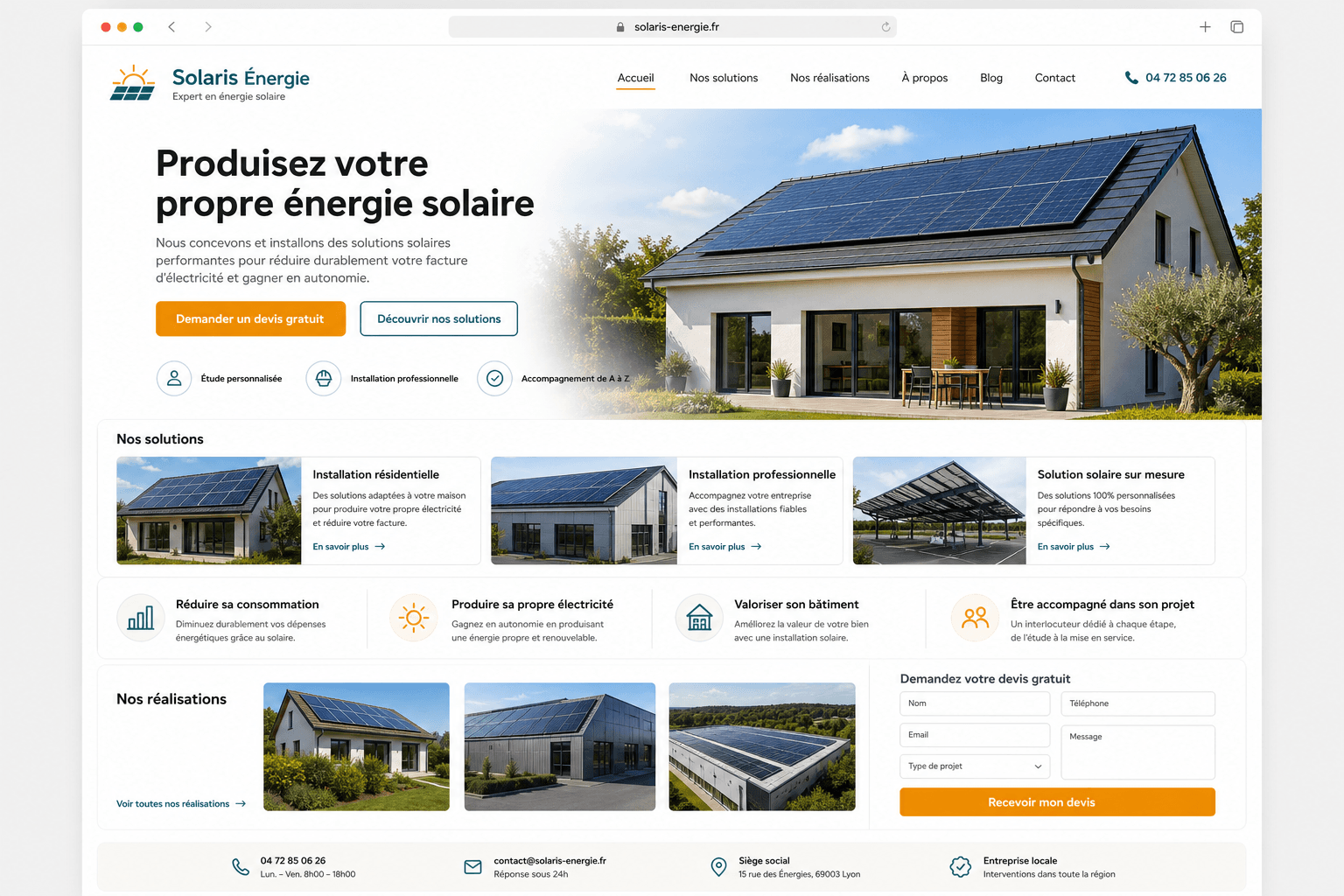 Illustration d’un site vitrine pour un installateur de panneaux solaires (projet réel, identité anonymisée)