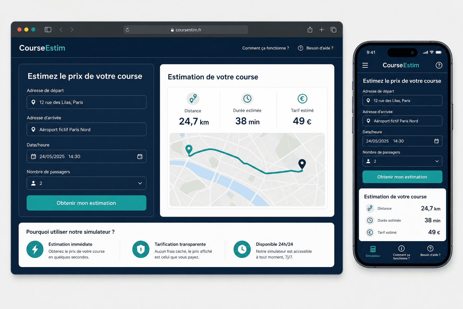 Illustration d’un simulateur de tarifs taxi et VTC, ordinateur et mobile (projet réel, identité anonymisée)