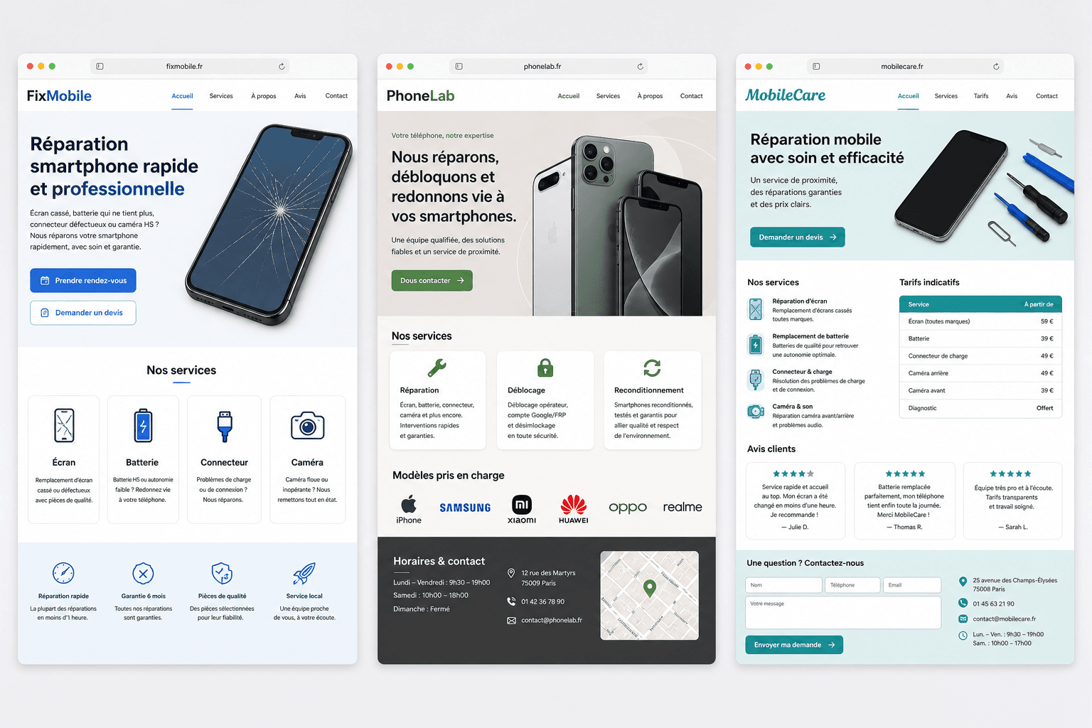 Illustration : sites vitrines de réparation et services téléphonie (projet réel, identité anonymisée)